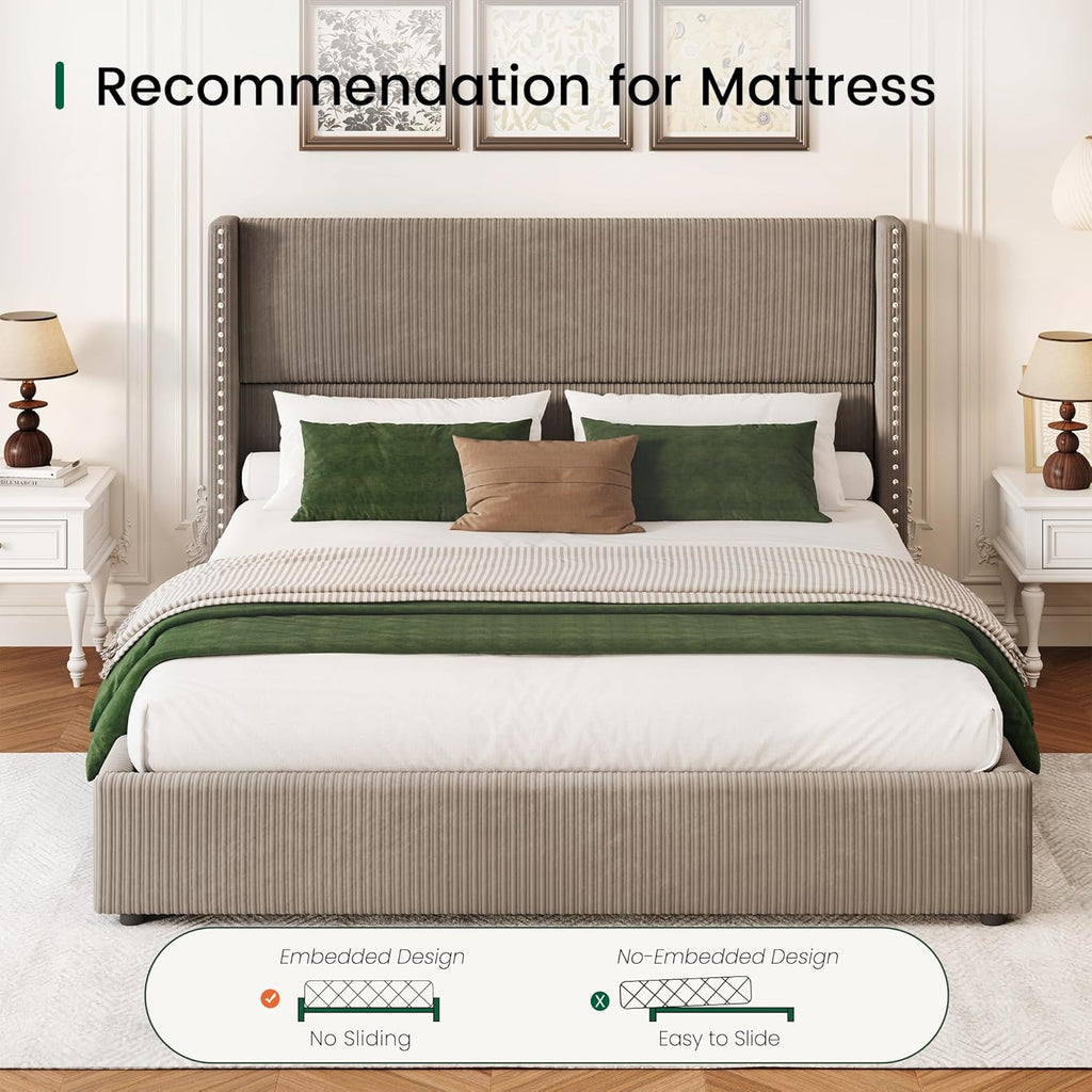 LARMACE Queen Size Bed Frame with 4 Storage Drawers Queen Bed Frame with Headboard Upholstered Corduroy Platform Bed with Vertical Stripe,Solid Wood Leg/No Box Spring Needed/Noise Free,Brown