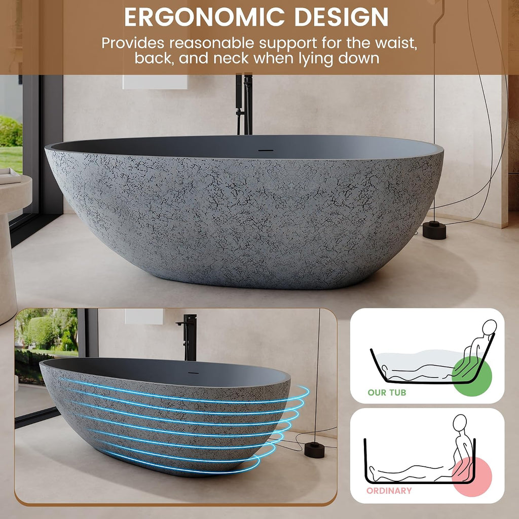 67 Inch Solid Surface Free Standing Tub Oval Stone Resin Soaking Tub Featuring Unique Style of Cement Color, 14.37 Inches Soaking Depth, 75.82 Gallons Water Capacity