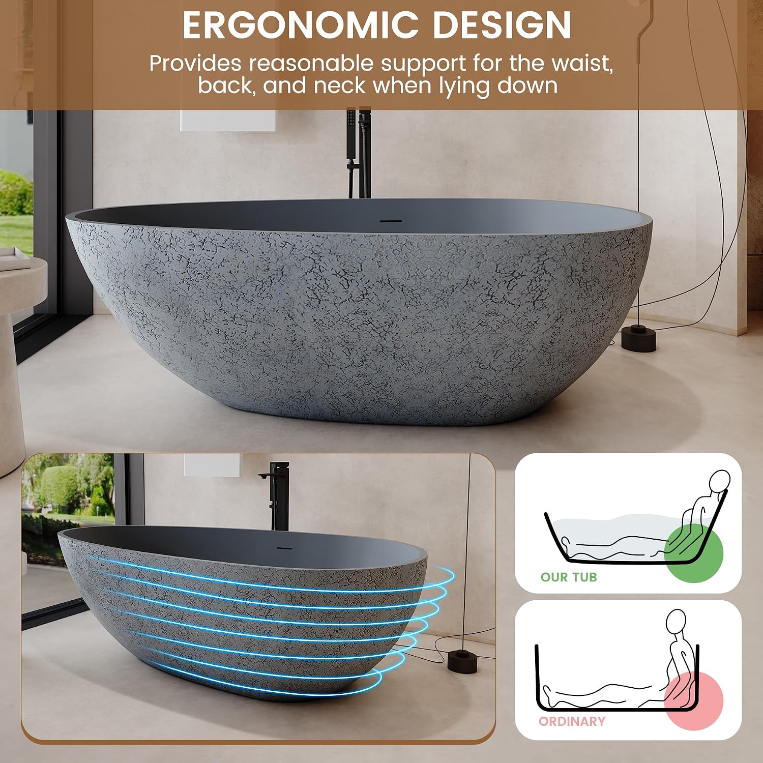 67 Inch Solid Surface Free Standing Tub Oval Stone Resin Soaking Tub Featuring Unique Style of Cement Color, 14.37 Inches Soaking Depth, 75.82 Gallons Water Capacity