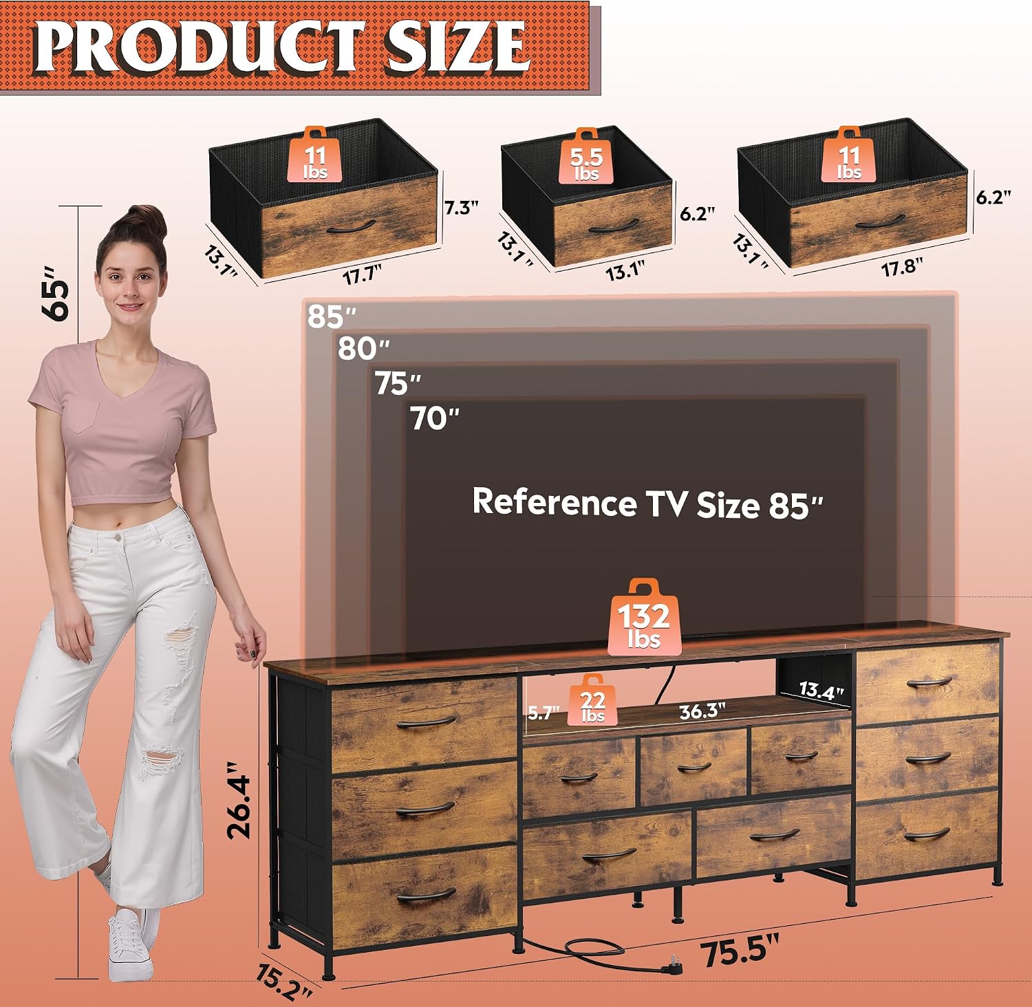 WLIVE 75.5' TV Stand for 65, 75, 80, 85 Inch TV, Dresser for Bedroom with Power Outlets & LED Lights, 11 Drawer Fabric Dresser with Open Shelves, Entertainment Center with Storage, Rustic Brown