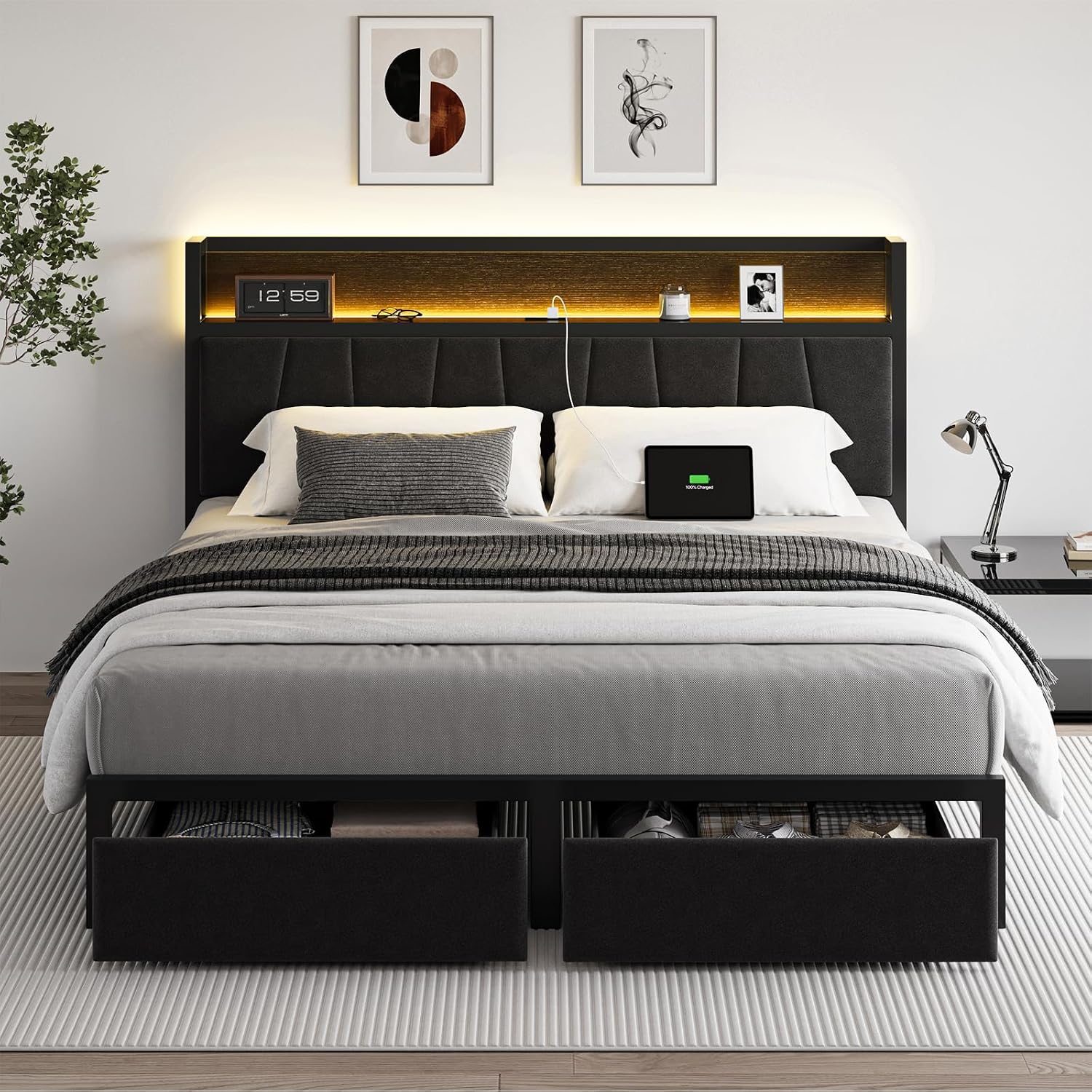 CIKUNASI Full Size Bed Frame with Headboard and Storage Drawers Platform Bed Frame with Storage Chargin Station LED Light Bedframe Heavy Duty No Box Spring Needed