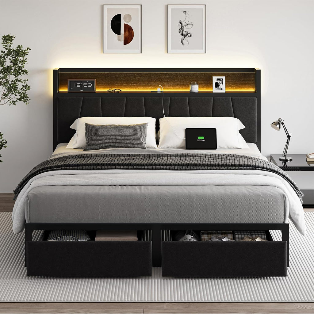 CIKUNASI Queen Size Bed Frame with Headboard and Storage Drawers Platform Bed Frame with Storage Chargin Station LED Light Bedframe Heavy Duty No Box Spring Needed