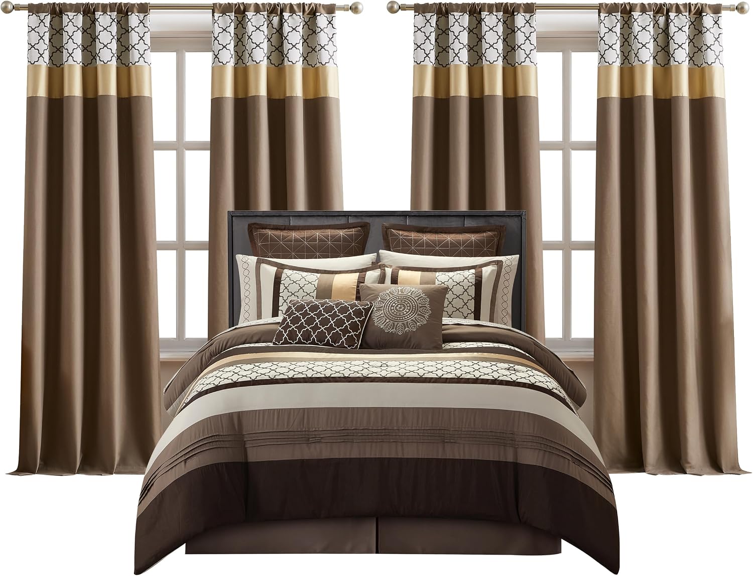 LANCO MODERN LIFESTYLE Queen Comforter Set, Brown Bedding Set, Jacquard Woven with Geometry, 16 Pieces Room in a Bag, Sheets, Bedskirt, Pillow Shams and Cases, Decorative Pillows and Curtains