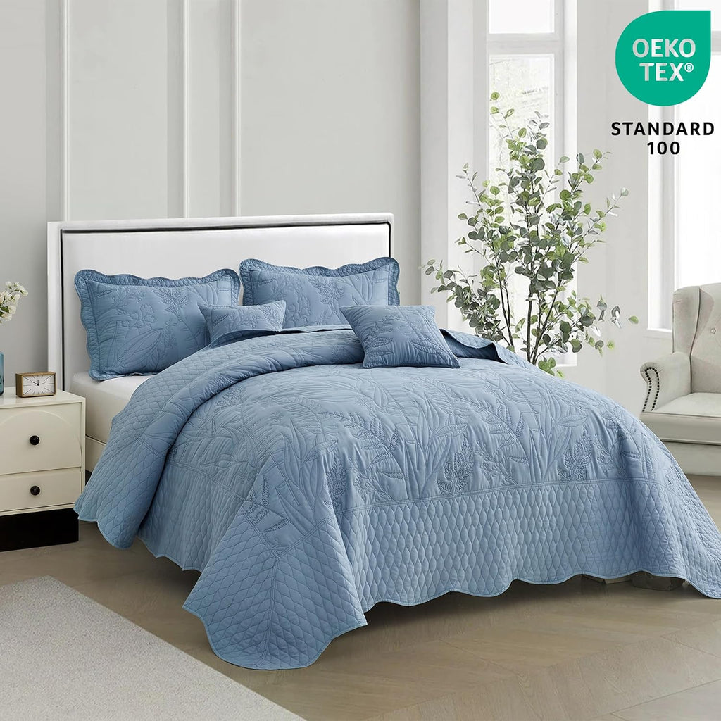 DaisyHuang Botanical Bedspread Full Size - Leaves Pattern Stitching Quilt Set - Elegant & Fresh Style Bedding Coverlets, Reversible, Lightweight, 5 Piece, Ashley Blue