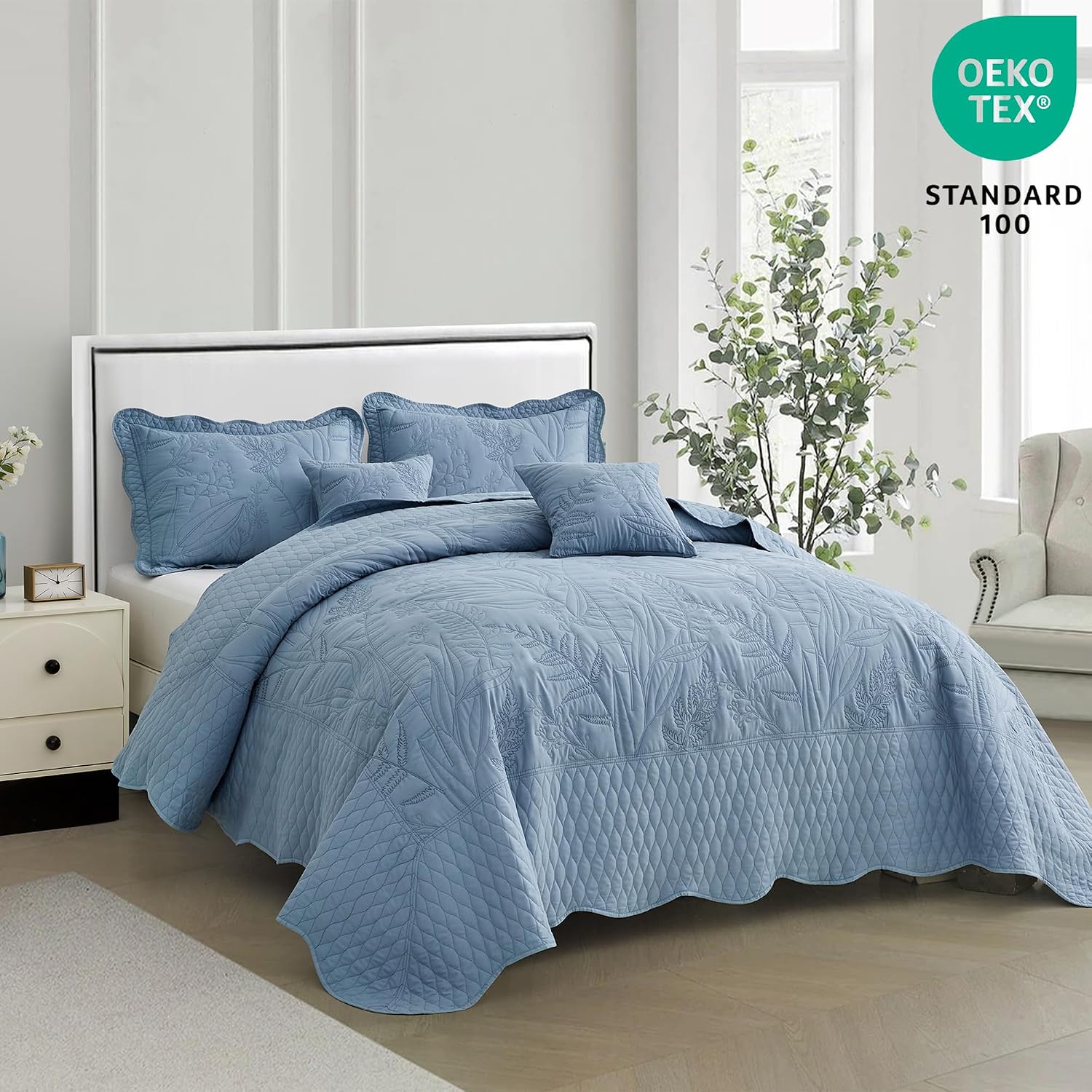 DaisyHuang Botanical Bedspread Full Size - Leaves Pattern Stitching Quilt Set - Elegant & Fresh Style Bedding Coverlets, Reversible, Lightweight, 5 Piece, Ashley Blue