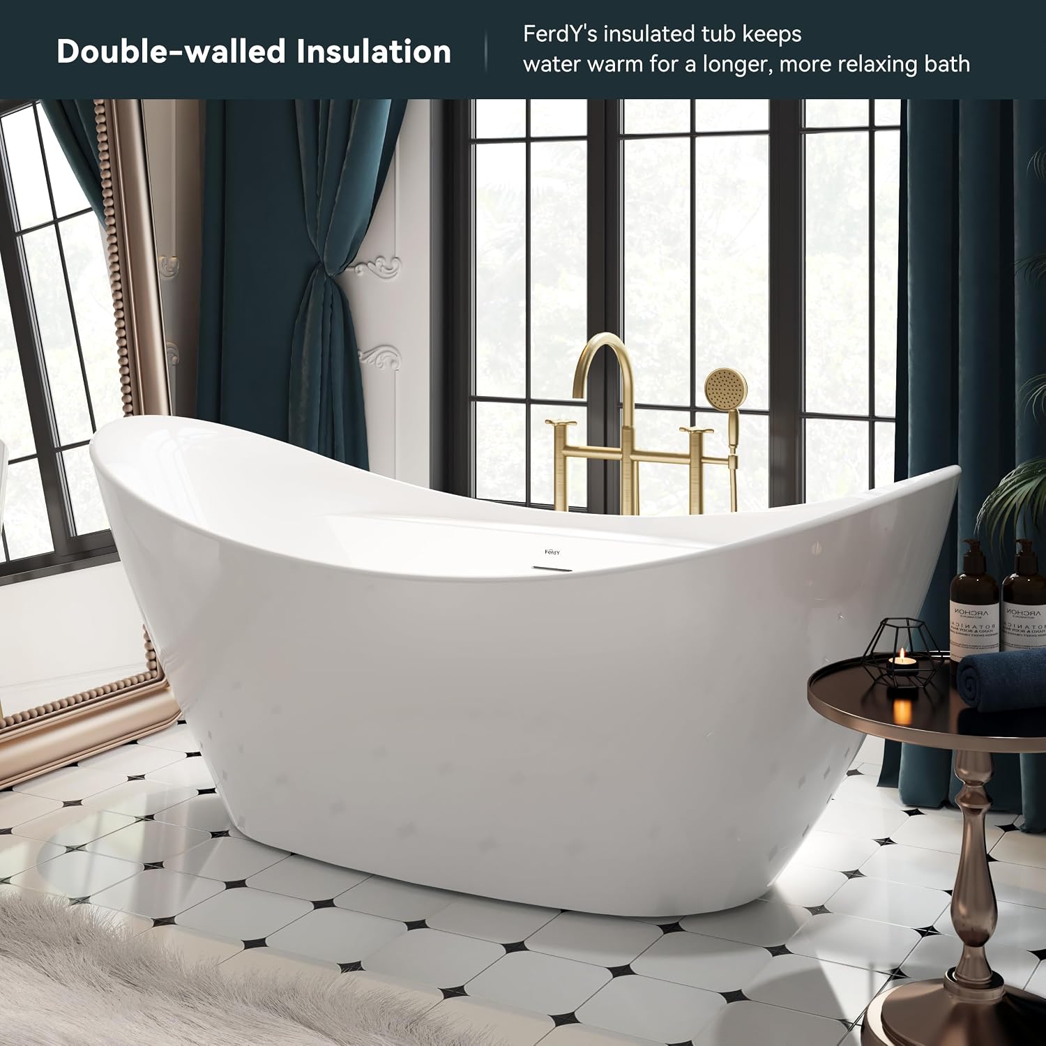 FerdY Boracay 67' Acrylic Freestanding Bathtub, Gracefully Shaped Contemporary Design Bathtub with Brushed Nickel Drain, Integrated Slotted Overflow, Glossy White, cUPC Certified, 02503