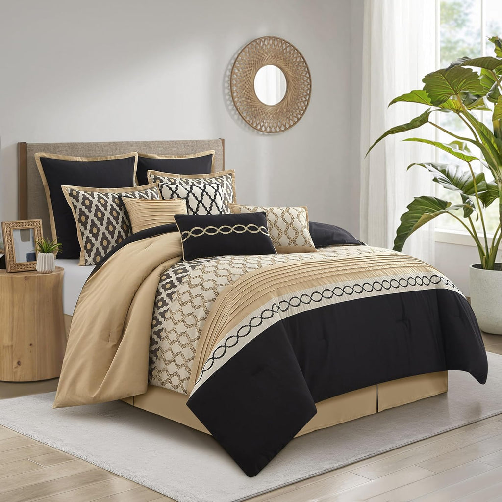 Grand Avenue Black Gold Queen Comforter Set, 10 Piece, Jacquard Bedding Comforters & Sets, Matching Bedskirt, Pillows & Shams, Ultra-Soft