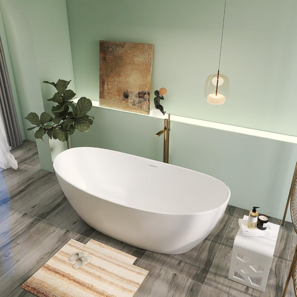 73' Premium Solid Surface Freestanding Bathtub, Contemporary Design Stand Alone Stone Resin Tub with Overflow and Pop-up Drain, Matte White