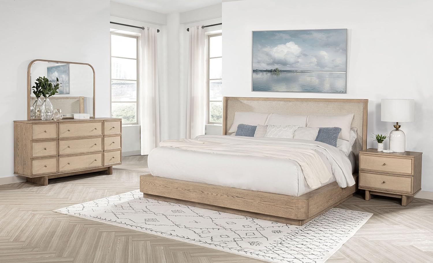 Coaster Home Furnishings Kailani Coastal 4-Piece Bedroom Set Fabric Upholstered Queen Size Wingback Bed Frame 49-inch Headboard Beige Oak 225041Q-S4
