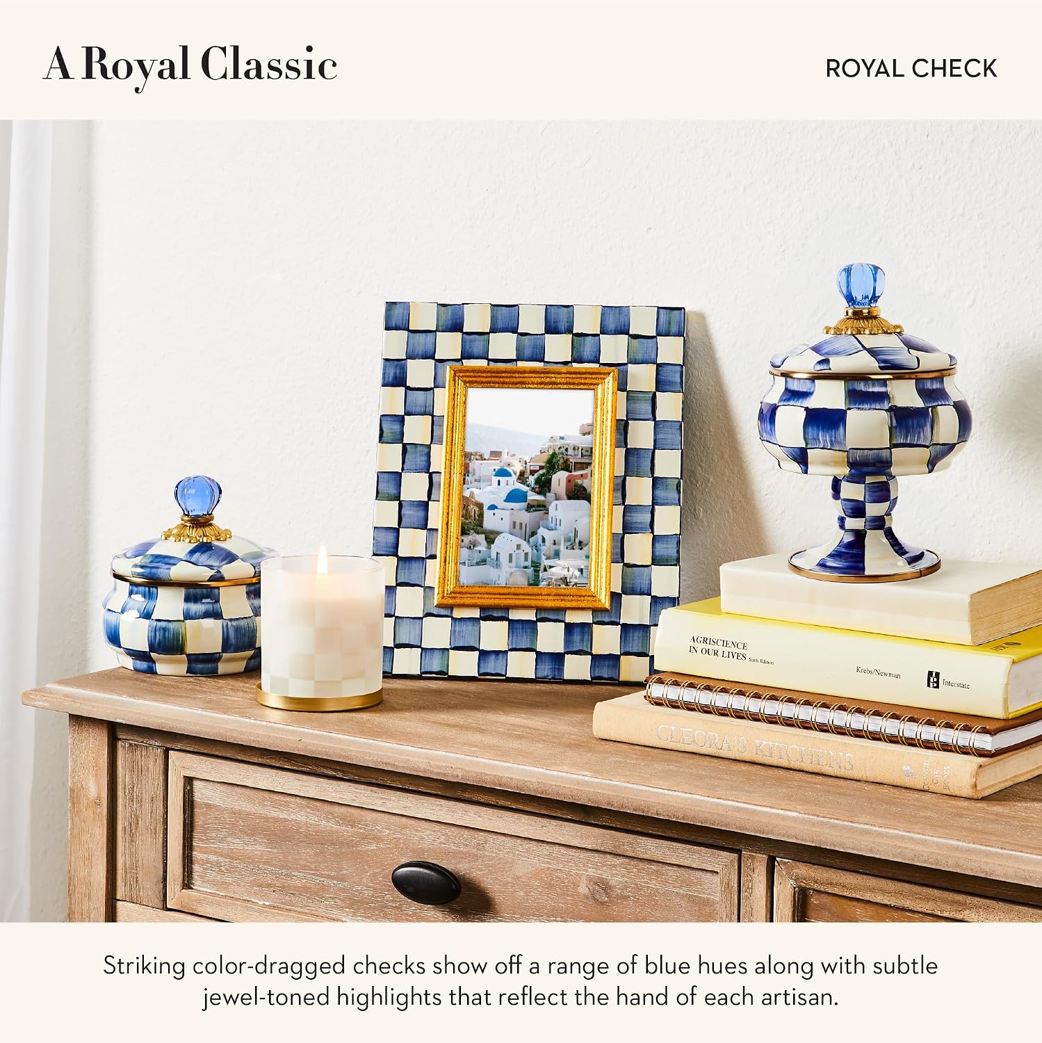 MACKENZIE-CHILDS Enamel Curiosity Pot, Decorative Container for Home Decor, Blue-and-White Royal Check