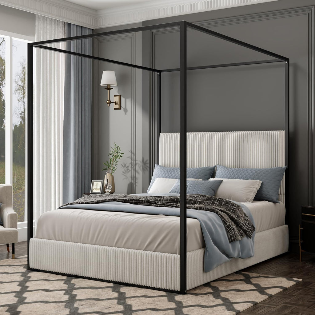 LUMISOL Queen Size Upholstered Canopy Bed, Metal 4 Poster Platform Bed with Tall Corduroy Headboard, Canopy Bed Frame with Wood Slats Support, No Box Spring Needed, Black + White