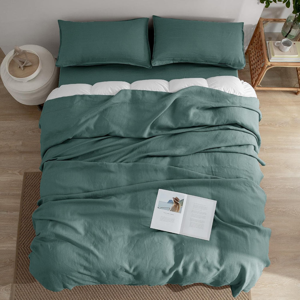 EVERLY Linen Sheets Queen Size,100% Stonewashed Pure French Linen16Inch Deep Pocket Sheets,4Pieces (1Flat Sheet,1Fitted Sheet,2Pillowcase) Natural Flax Soft and Breathable for Hot Sleepers-Aqua