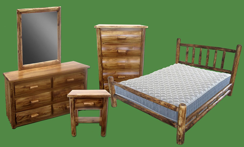 Log Bedroom Set - 5pc Torched Cedar/Amish Handcrafted / 100% Solid Wood/Dovetail/Double Log Side Rail Bed/Queen Size