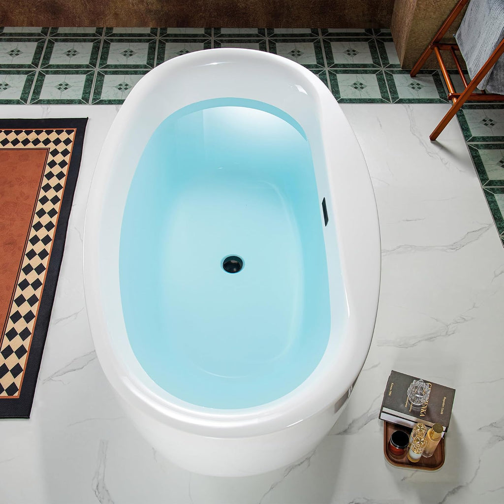 WOODBRIDGE 66' Acrylic Freestanding Bathtub Contemporary Soaking White Tub with Matte Black Overflow and Drain，B0027-MB