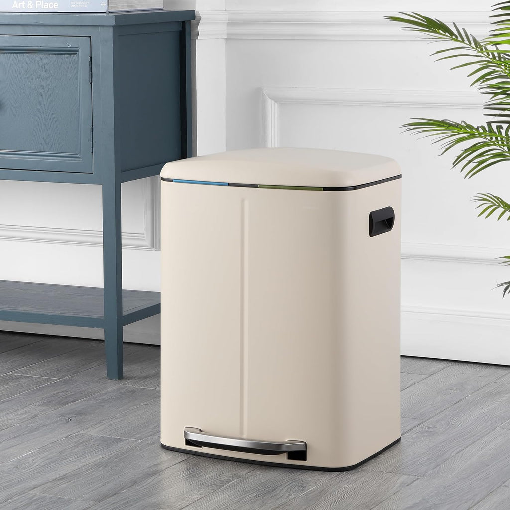 happimess HPM1005F Marco Rectangular 10.6-Gallon Double Bucket Trash Can with Soft-Close Lid, Limestone Beige, Fingerprint Resistant, Modern, Minimalistic for Home, Kitchen, Office, Bedroom, Bathroom