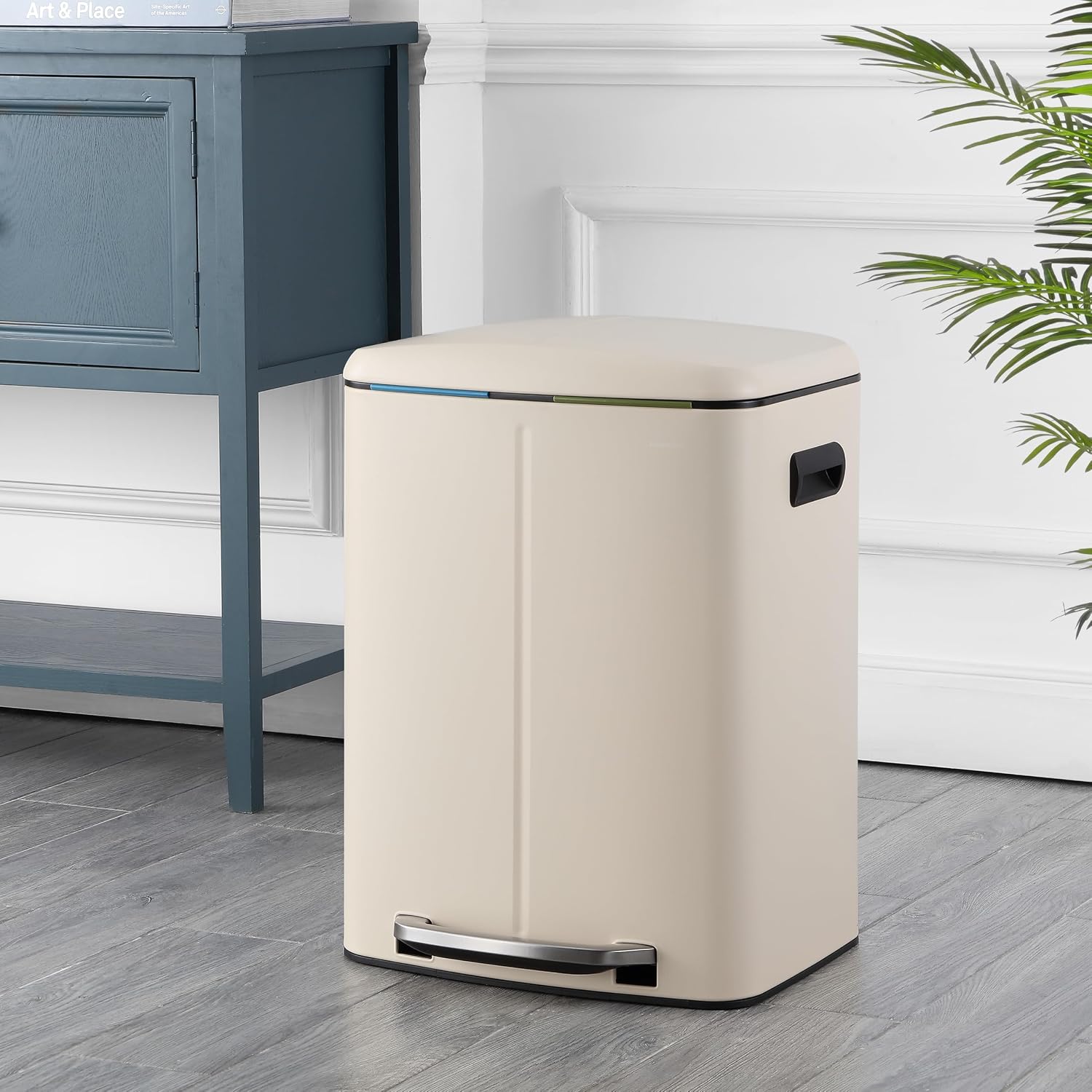 happimess HPM1005F Marco Rectangular 10.6-Gallon Double Bucket Trash Can with Soft-Close Lid, Limestone Beige, Fingerprint Resistant, Modern, Minimalistic for Home, Kitchen, Office, Bedroom, Bathroom