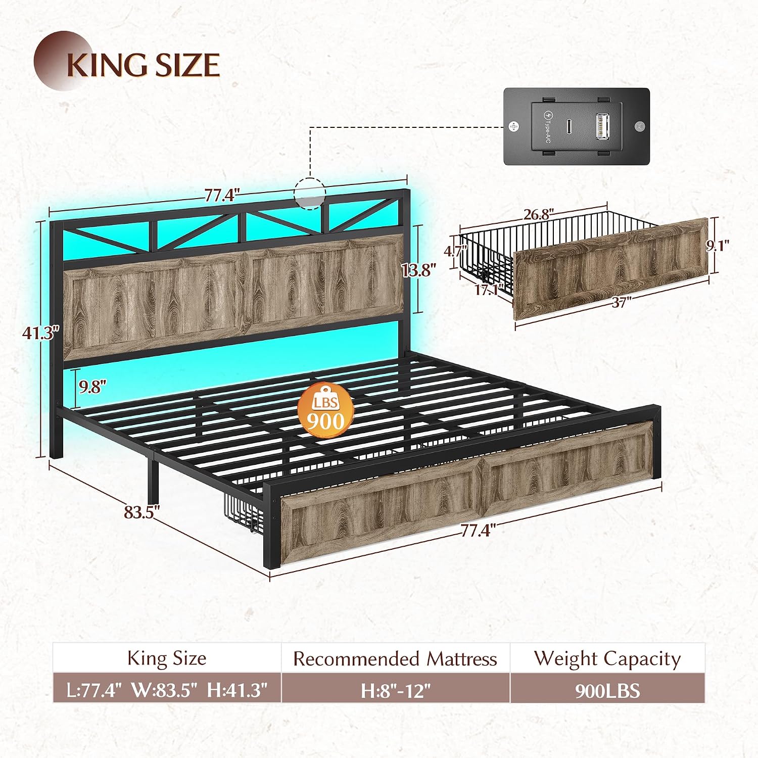 EnHomee King Size Bed Frame with 2 Storage Drawers, King Bed Frame with Wooden Headboard and Strong Metal Support,LED Lights and Charging Station,Farmhouse,NO Noise,No Box Spring Needed,Grey