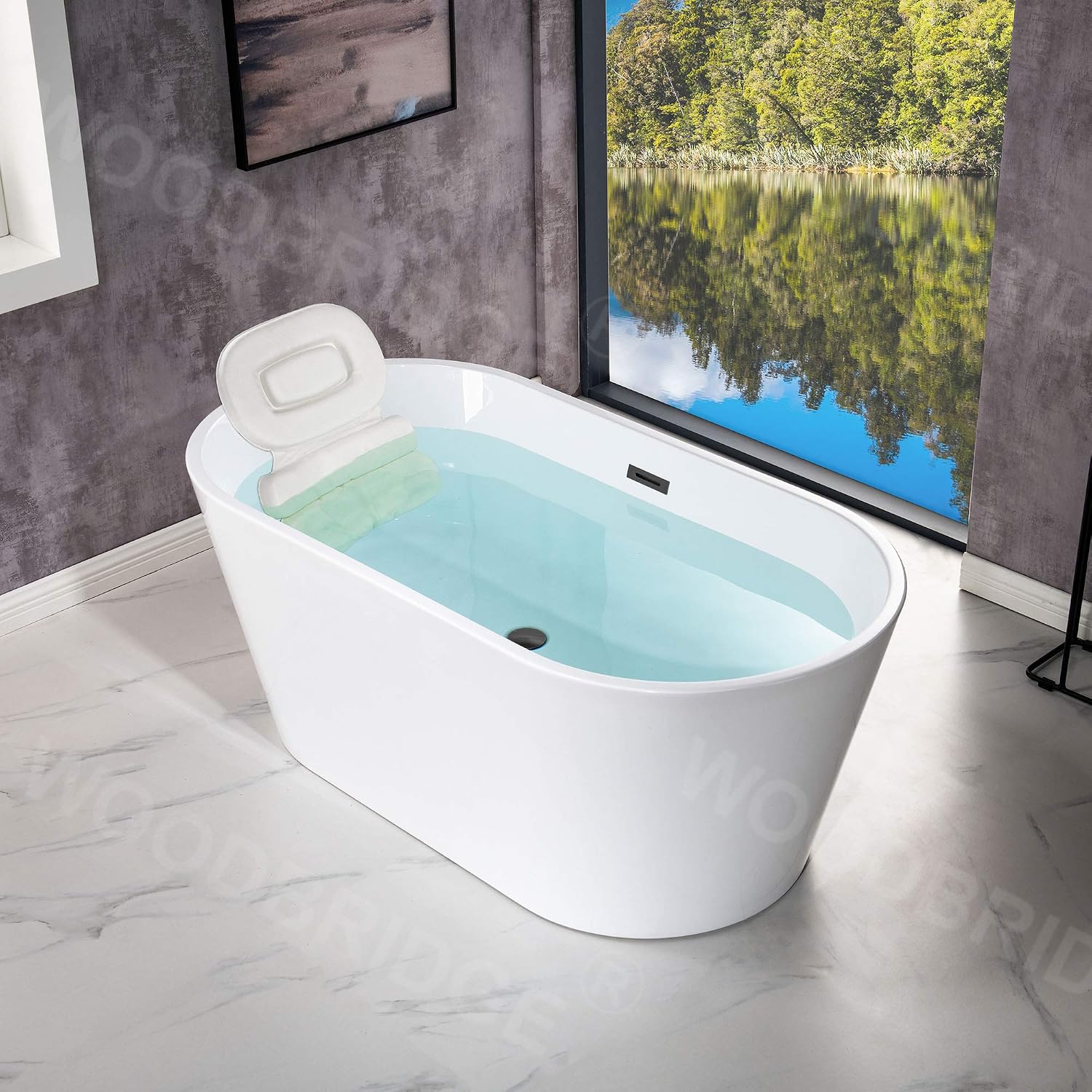 WOODBRIDGE 59' Freestanding White Acylic Soaking Bathtub with White Pillow,Drain and Overflow in Matte Black,BTA1514 -MB-Drain &O+ Pillow