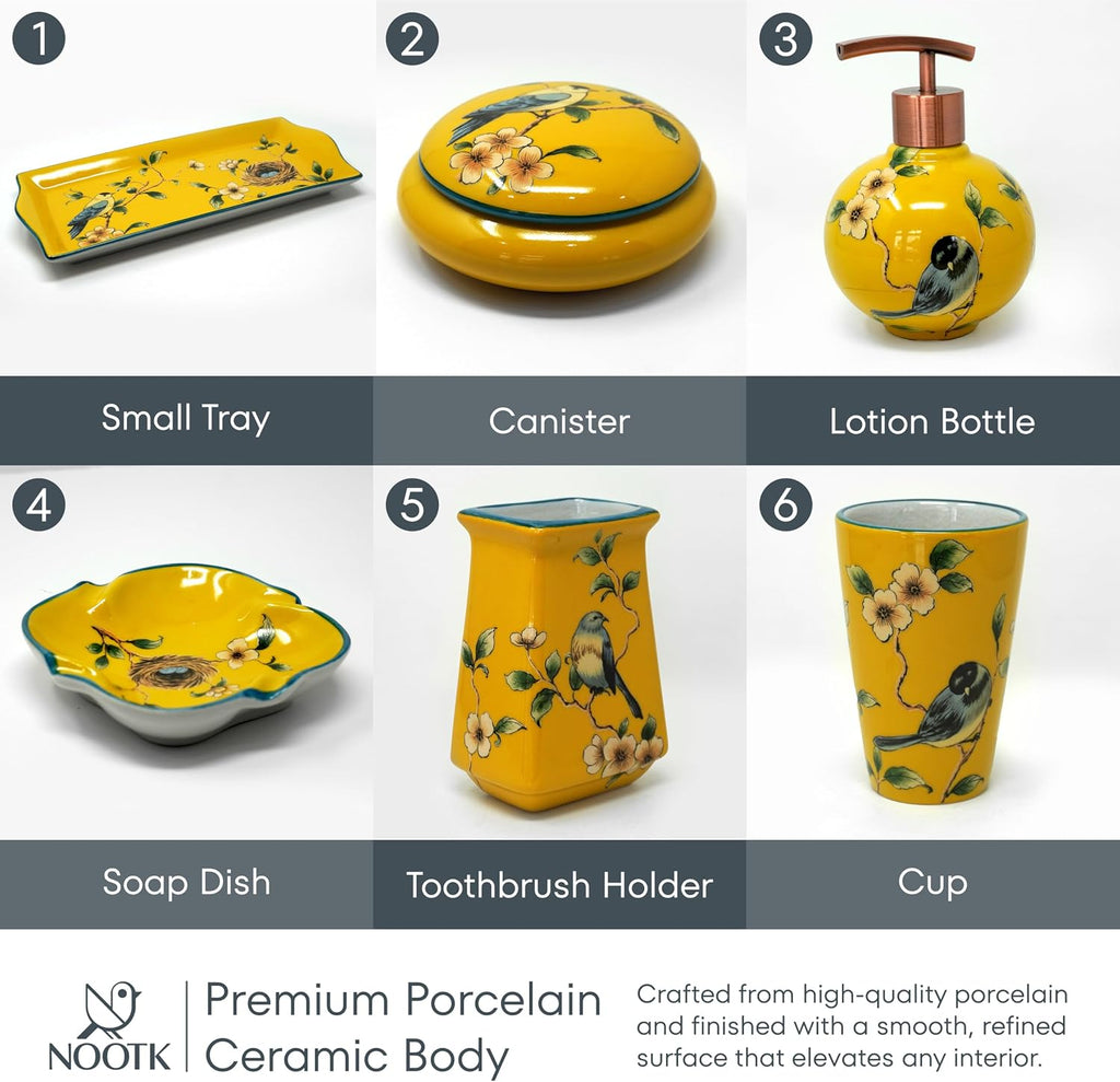 6-Piece Ceramic Bathroom Accessories Set with Small Tray, Vintage Floral Design Countertop Organizer with Soap Dispenser, Toothbrush Holder, Rinse Cup, Qtip Holder & Soap Dish, DarkBlue
