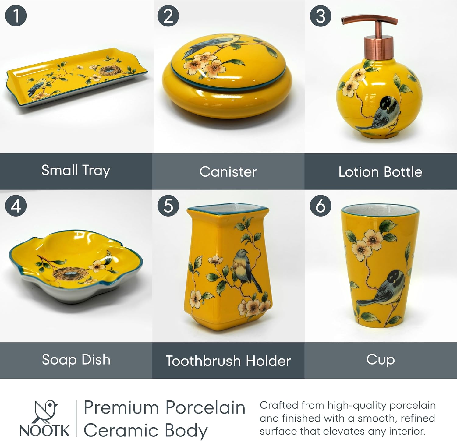 6-Piece Ceramic Bathroom Accessories Set with Small Tray, Vintage Floral Design Countertop Organizer with Soap Dispenser, Toothbrush Holder, Rinse Cup, Qtip Holder & Soap Dish, DarkBlue