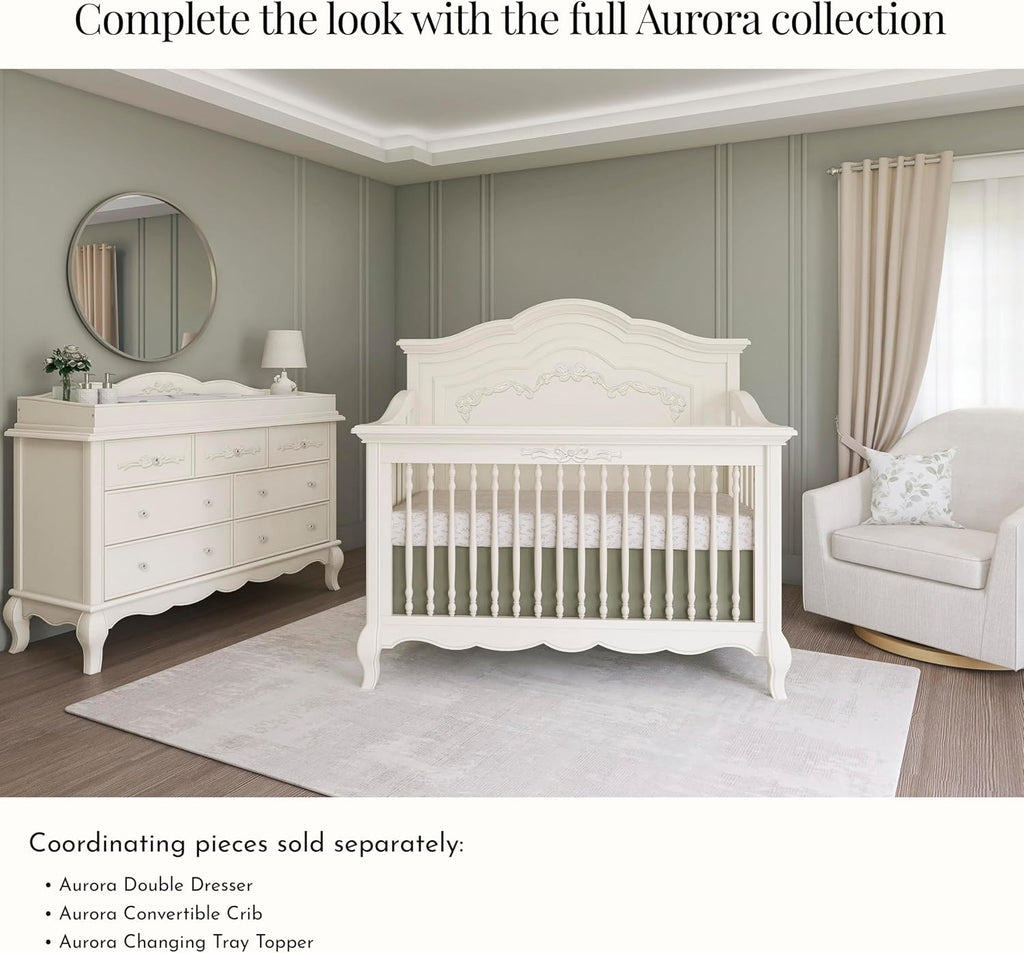Evolur Aurora 7-Drawer Nursery Dresser – Ivory Lace | Assembled Double Dresser with Crystal Knobs, Queen Anne Legs, Large Storage for Baby Essentials