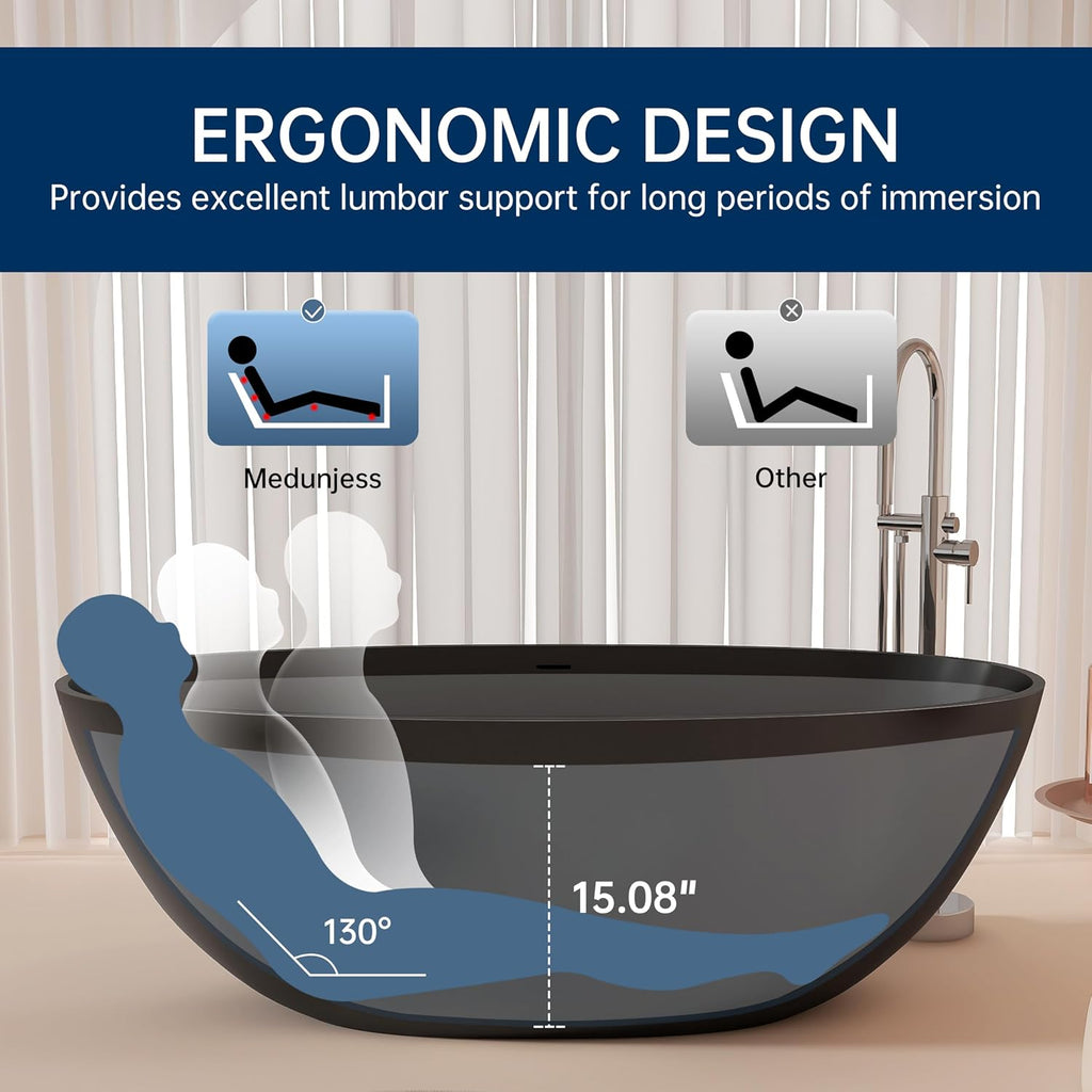 65' Stone Resin Freestanding Bathtub, Oval Solid Surface Bathroom Freestanding Tubs,Stand Alone Soaking Tub with Drain & Integrated Slotted Overflow Matte black