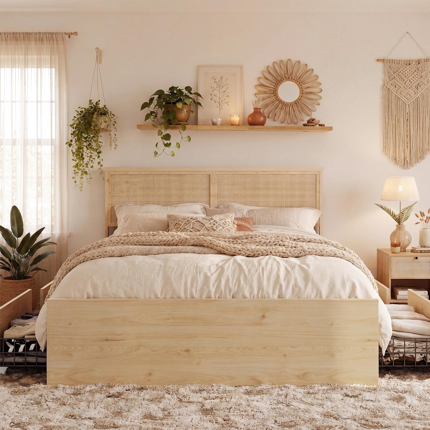 Brafab Natural Rattan Full Size Bed Frame with Wooden Headboard and 4 Storage Drawers, Boho Light Oak Bedframe Cane Wood Metal Platform Beds with Strong Wooden Slat, Noise Free, No Box Spring Needed
