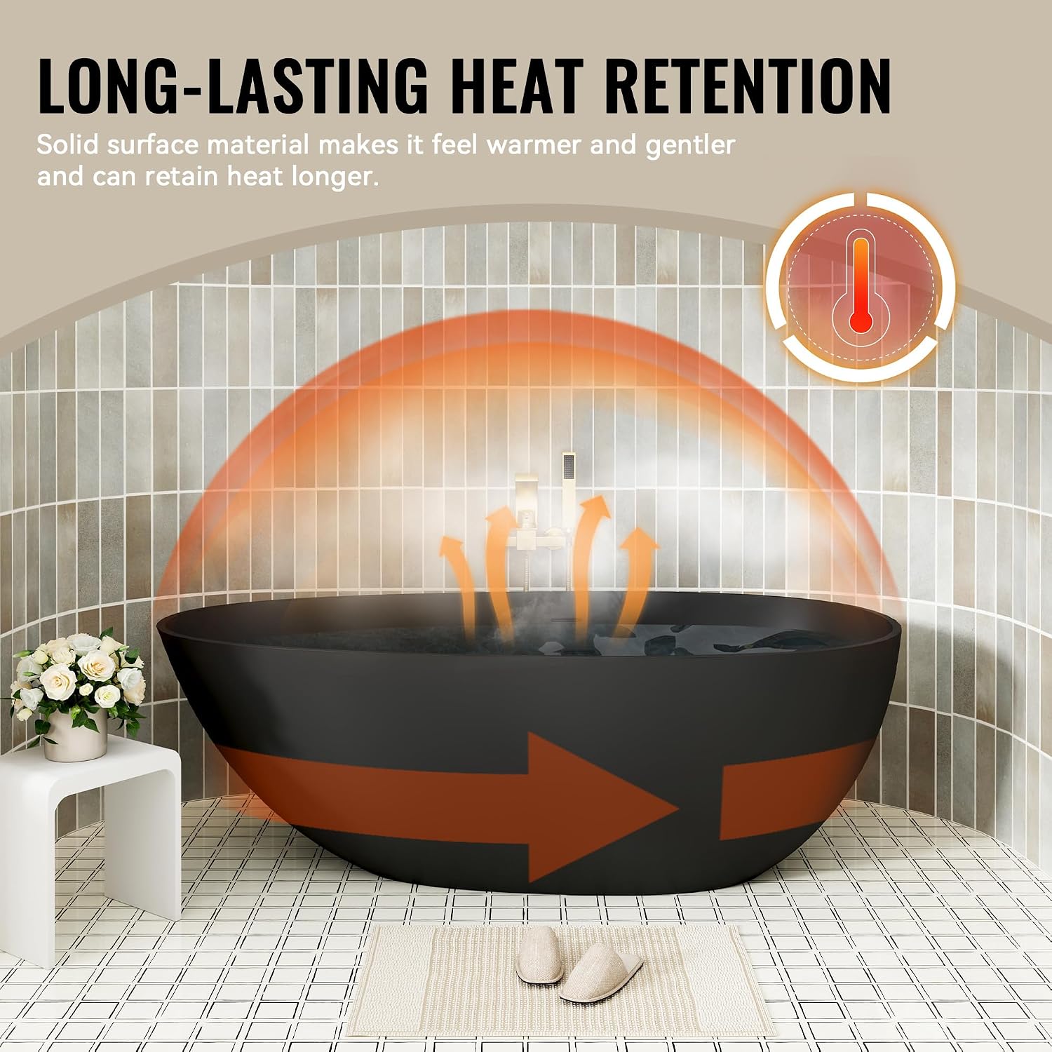 CASAINC 59' Solid Surface Freestanding Bathtub Egg-Shaped Stone Resin Freestanding Tub Matte Black Stand-Alone Tub with Drain, Drain Hose & Sanding Paper