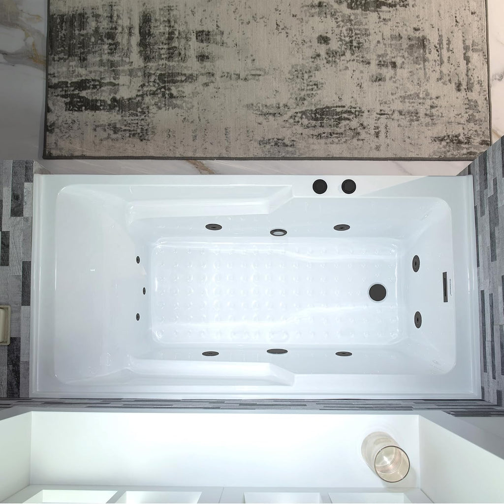 WOODBRIDGE 60' Alcove Acrylic Rectangular Whirlpool Heated Jetted Tub in White with Left Drain, Matte Black pop-up Drain Included BM6030L