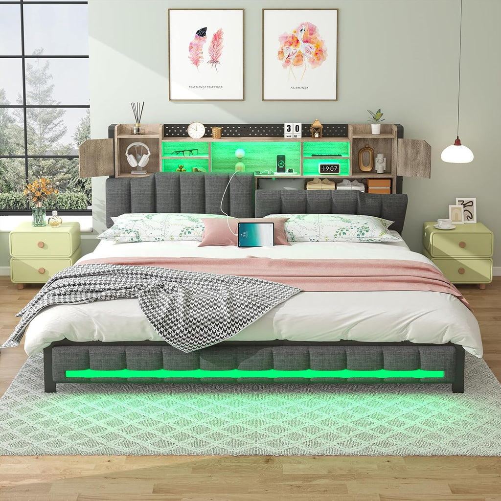 CSZZD King Size Bed Frame and Bookcase Storage Headboard, LED Upholstered Platform Bed Frame with USB Charging Station, Heavy Duty Metal Slats, No Box Spring Needed, Easy Assembly, Oak Gray