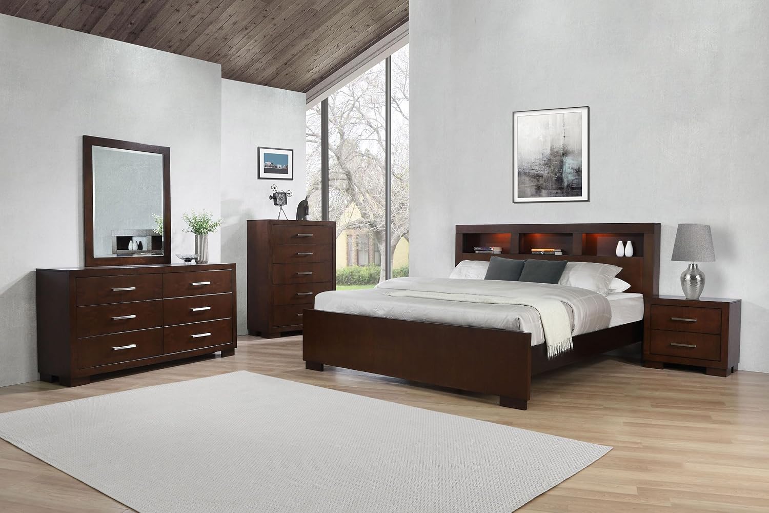 Coaster Home Furnishings Jessica Contemporary 4-Piece Bedroom Set California King Size LED Storage Bookcase Bed Frame 47-inch Headboard Cappuccino 200719KW-S4