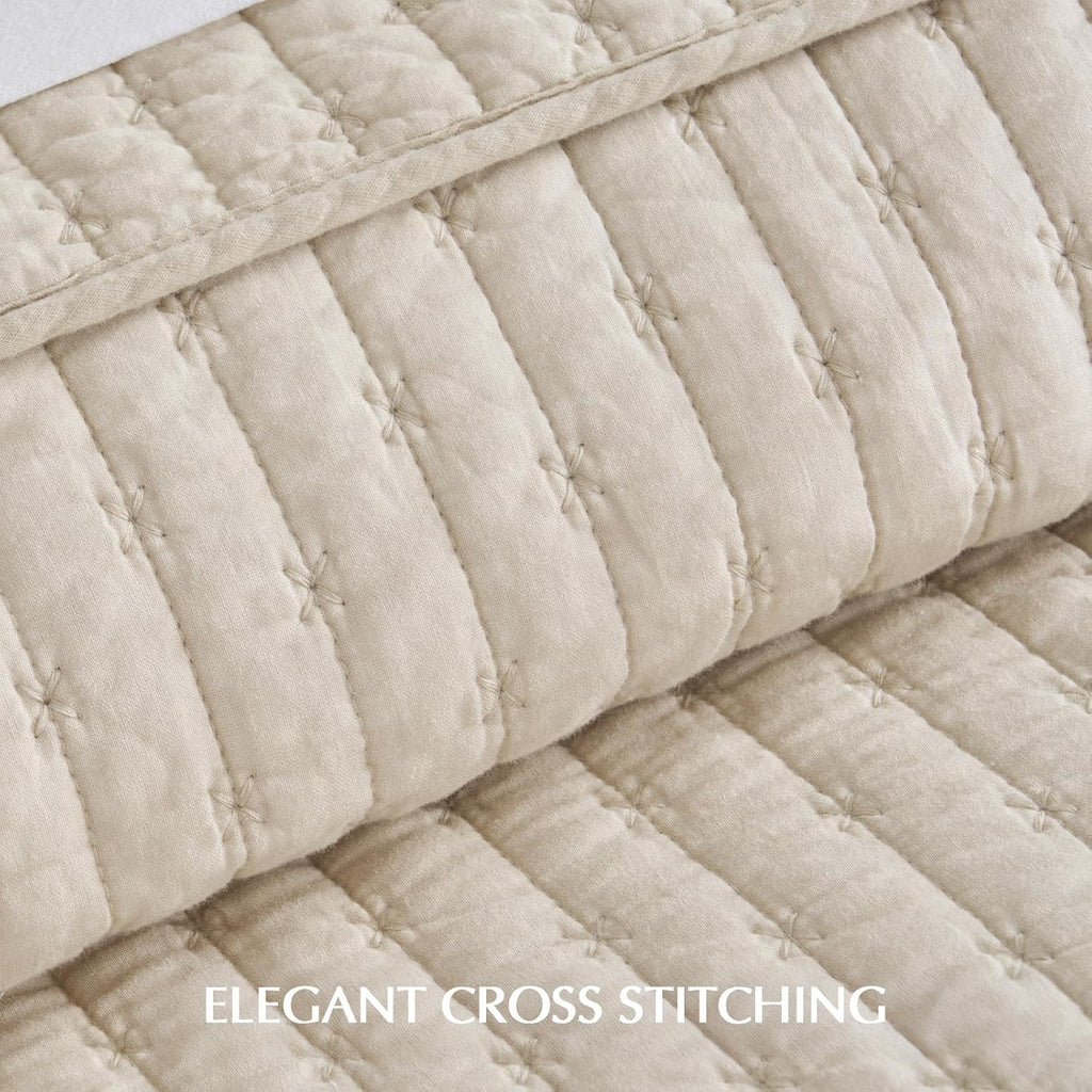EVERGRACEHOME Cross Stitch Pre-Washed Cotton Quilt Bedding Set King Size, Oversized 3 Pieces Lightweight Bedspread Coverlet for All Season, with 2 Matching Shams, Flax Beige,118'x106' | Cross Stitch