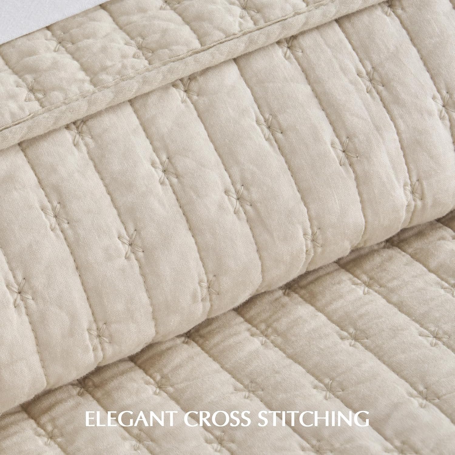 EVERGRACEHOME Cross Stitch Pre-Washed Cotton Quilt Bedding Set King Size, Oversized 3 Pieces Lightweight Bedspread Coverlet for All Season, with 2 Matching Shams, Flax Beige,118'x106' | Cross Stitch