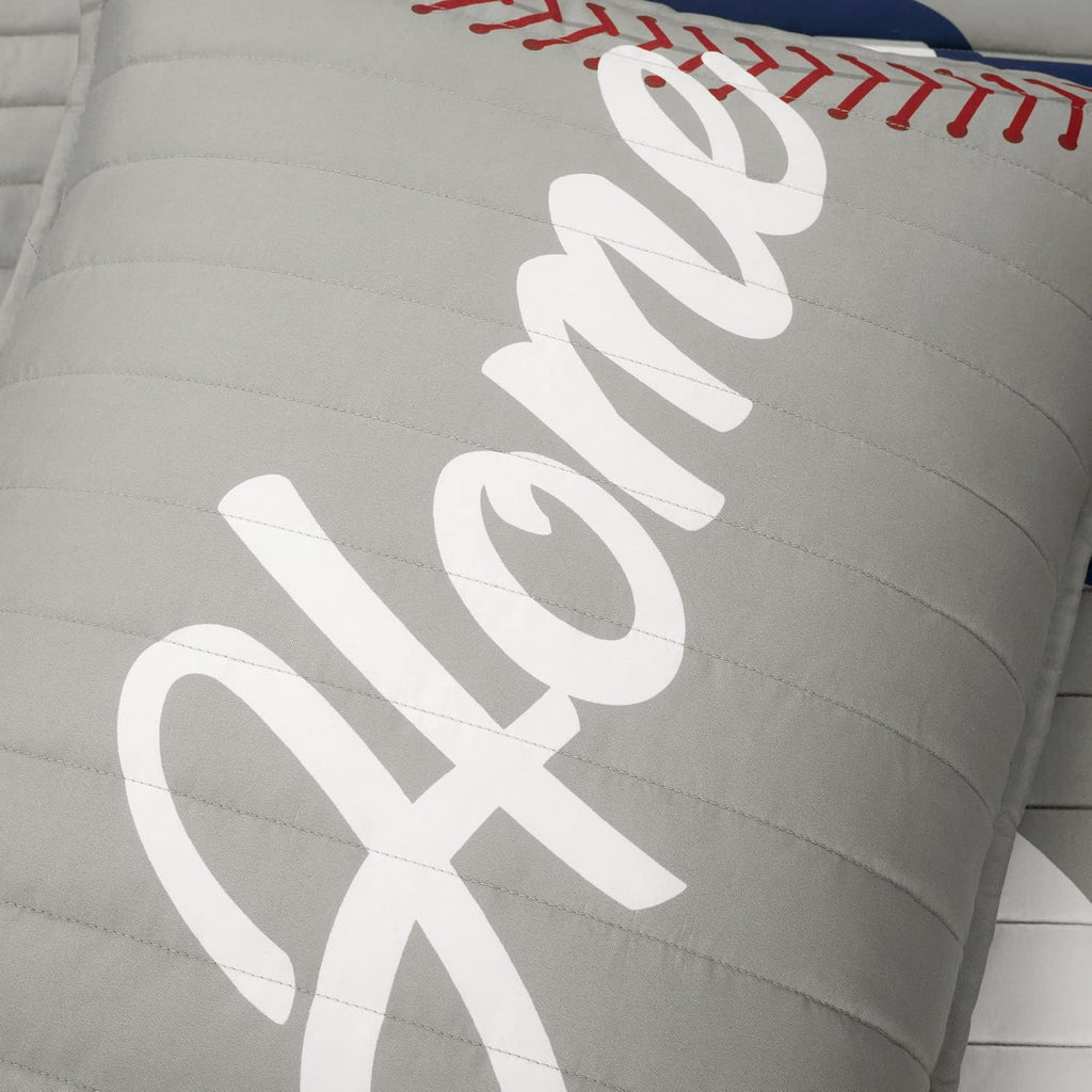 Lush Decor Baseball Game Reversible Quilt Queen Size 5 Piece Set Full/Queen Gray & Navy - Kids Bedding Set Full Quilt - Sports Decor - Baseball Bedding