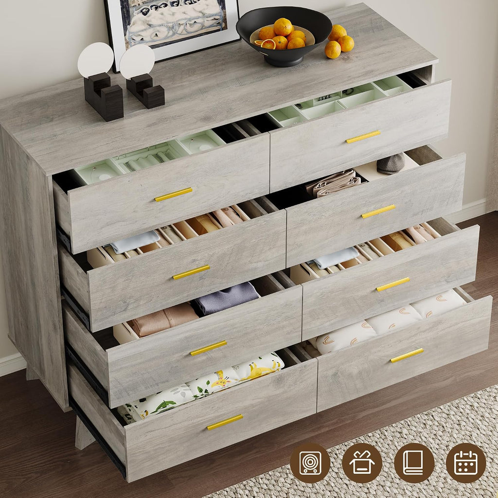 BORNOON Dresser for Bedroom with 8-Drawer, 37' Tall Modern Chest of Drawers with Metal Handles, X-Shape Base & Adjustable Center Leg, Anti-Tip Closet Organizers and Storage