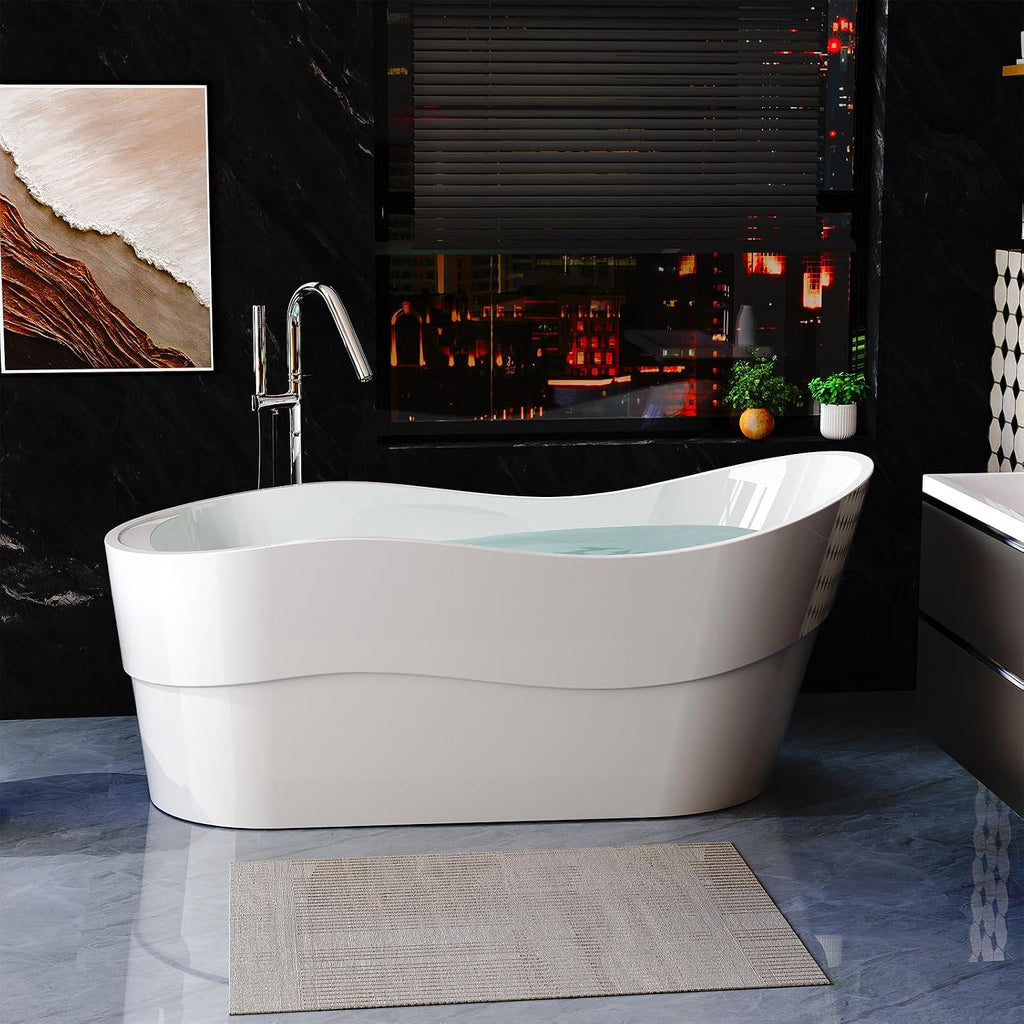 Empava Bathtub, 67' Soaking Tub, Acrylic Free Standing Tub with End Drain and Overflow, Contemporary Design Bathtub for Bathroom, cUPC Certified, Glossy White