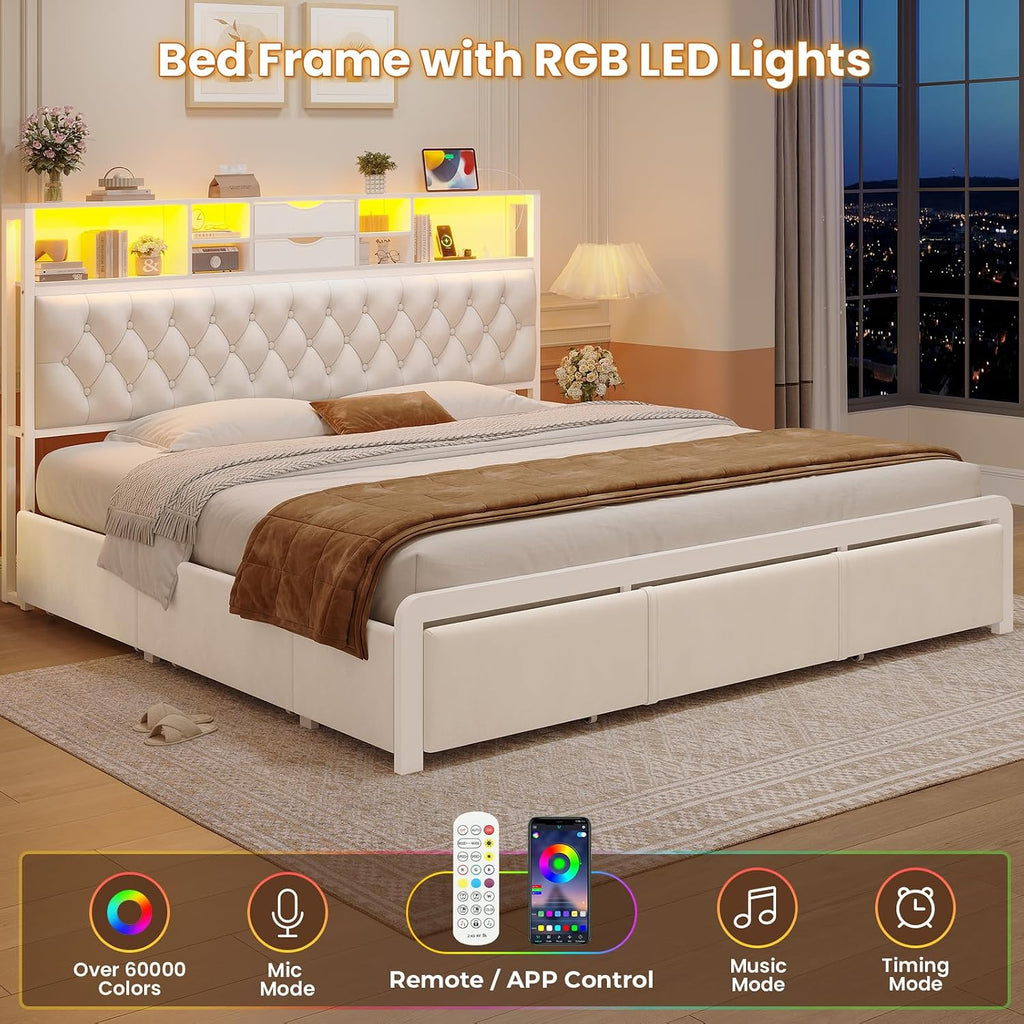 BTHFST Modern King Bed Frame with 5 Drawers & 2-Tier Storage Headboard, Velvet Upholstered Platform Bed with LED Lights and Charging Station, No Noise, No Box Spring Needed, Easy Assembly, Beige