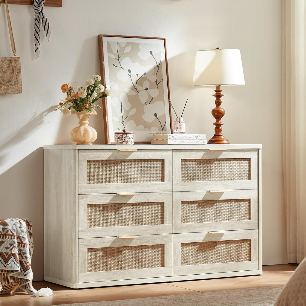 LEYAOYAO Rattan Dresser and Nightstand Set of 4, Boho Wood Dresser for Bedroom with 6 Drawers and Night Stand with Charging Station, Bedroom Furniture,Dressers & Chests of Drawers,Living Room,Hallway