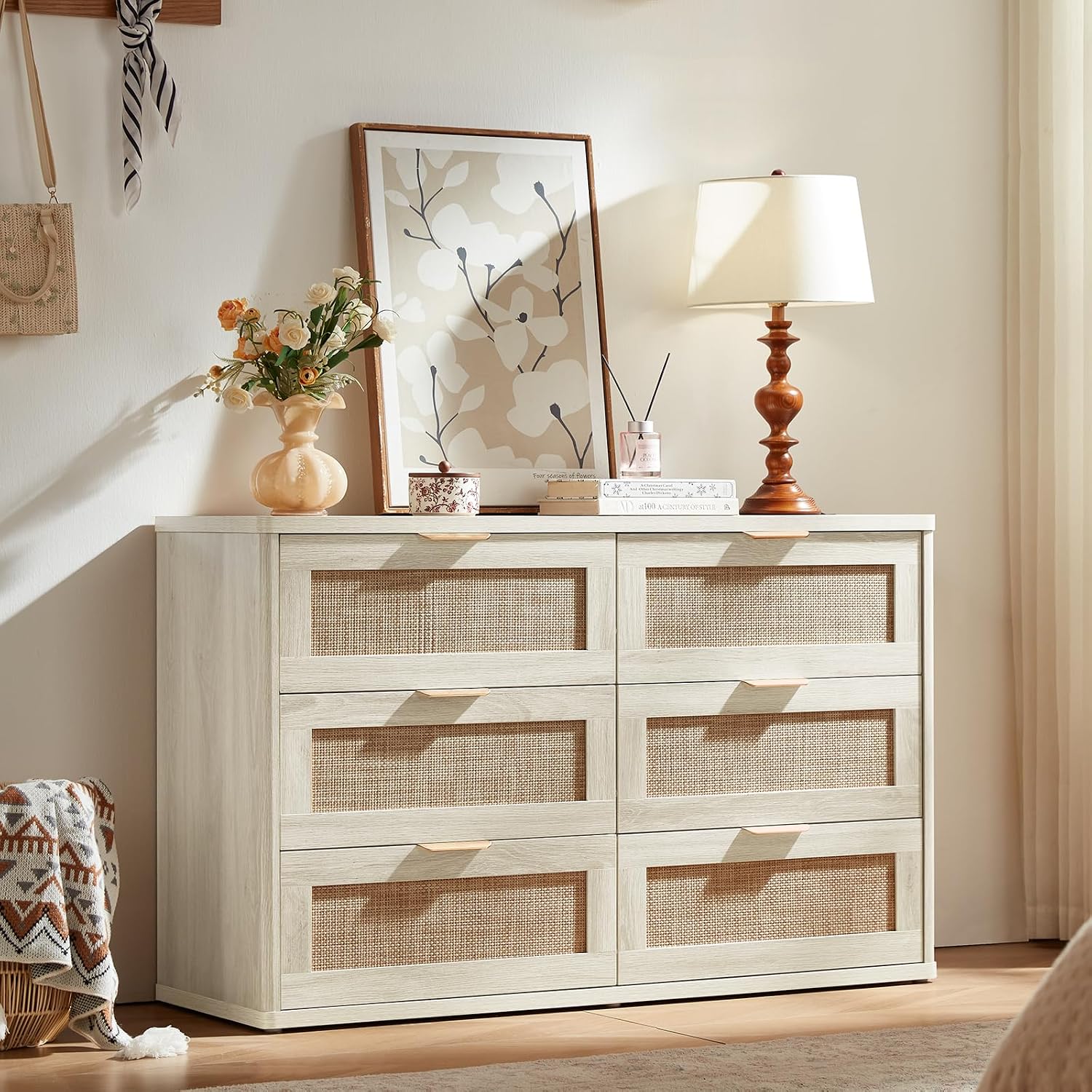 LEYAOYAO Rattan Dresser and Nightstand Set of 4, Boho Wood Dresser for Bedroom with 6 Drawers and Night Stand with Charging Station, Bedroom Furniture,Dressers & Chests of Drawers,Living Room,Hallway