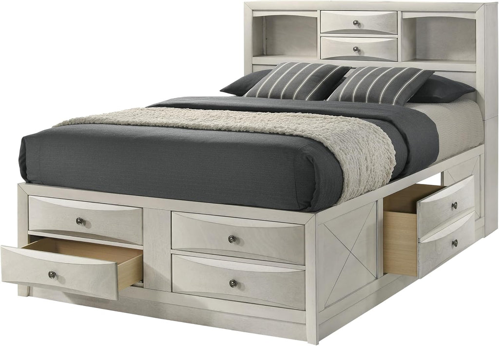 6pc Master Bedroom Set Antique White Finish Solid Wood Platform Queen Size Captain's Bed Wooden Furniture