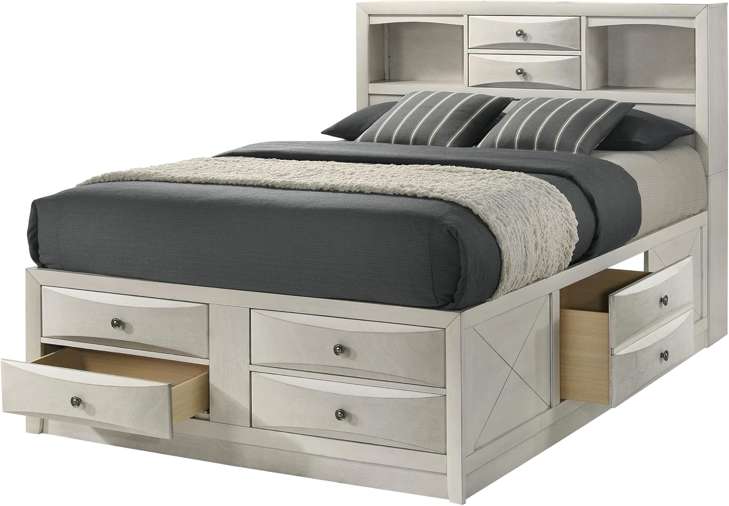 6pc Master Bedroom Set Antique White Finish Solid Wood Platform Queen Size Captain's Bed Wooden Furniture