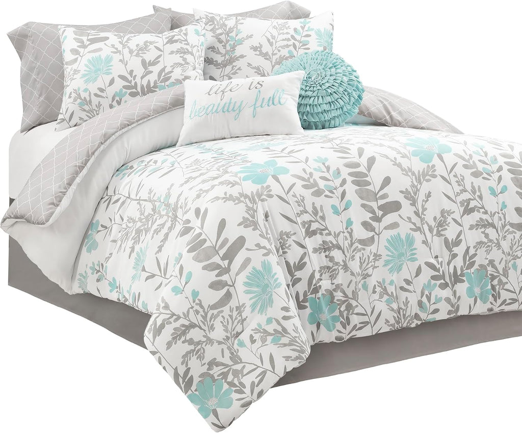 Lush Decor Aprile Soft Reversible Floral Comforter Set, 8 Piece Set, Queen, Blue & Gray - Floral Bedding Set - Queen Sized Comforter Full - Blue Gray Bedding - Spring Home Decor - Cottage - Farmhouse