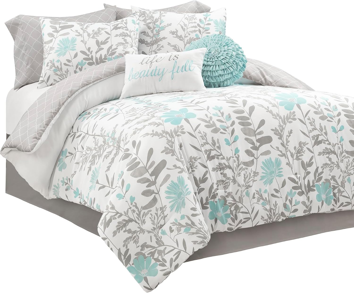 Lush Decor Aprile Soft Reversible Floral Comforter Set, 8 Piece Set, Queen, Blue & Gray - Floral Bedding Set - Queen Sized Comforter Full - Blue Gray Bedding - Spring Home Decor - Cottage - Farmhouse
