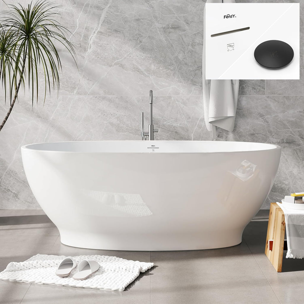 FerdY Koh Samui 65' Freestanding Bathtub, Elegant Oval Shape, Double Walled Insulation Bathtub with Center Matte Black Drain & Minimalist Linear Design Overflow