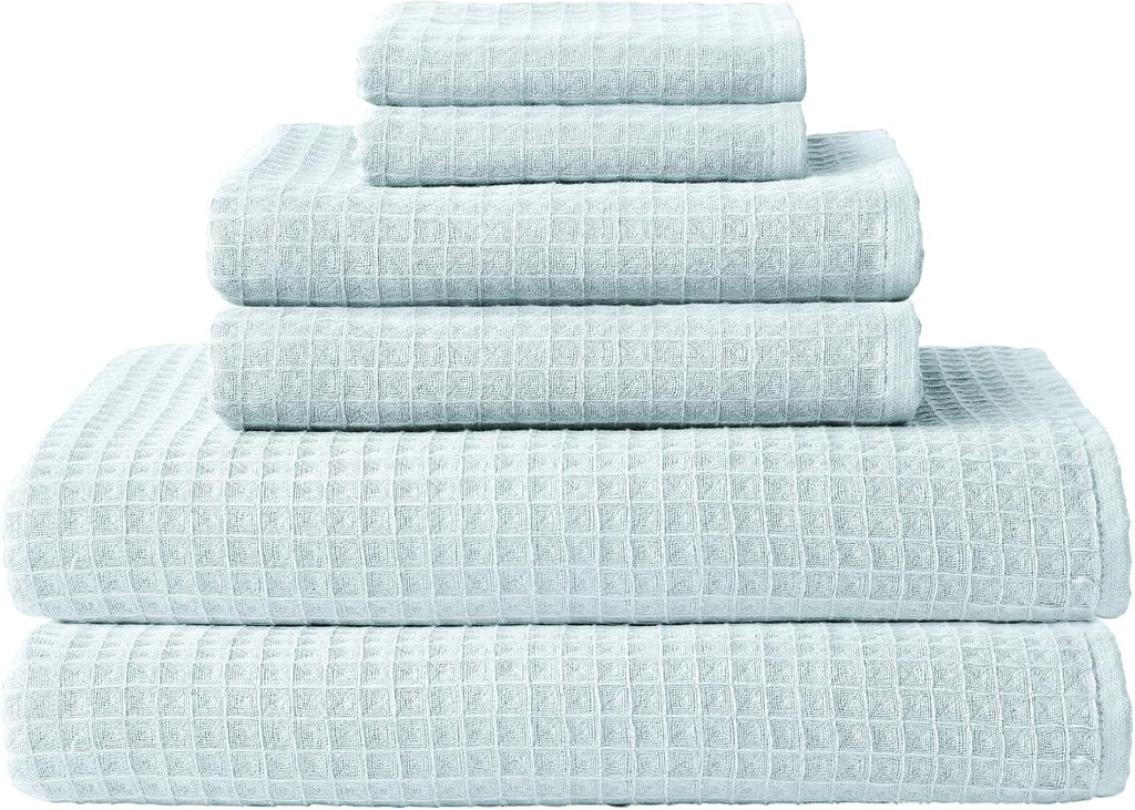 UCHINO Waffle Twist Cotton Weave Towel Set for Bathroom – 2 Bath, 2 Hand, 2 Washcloths, Lightweight Absorbent Quick Dry Honeycomb Texture Solid Terry Loop Reverse, 6 Piece, Ocean