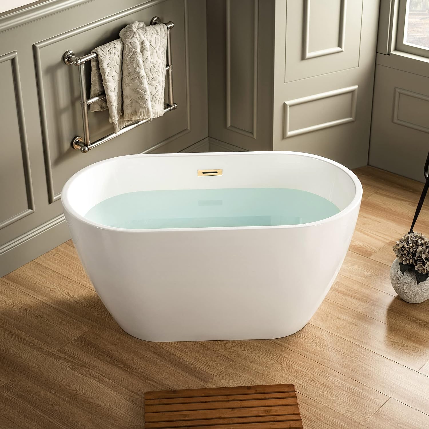 WOODBRIDGE 48' Acrylic Freestanding Bathtub Contemporary Soaking Tub, White Acrylic(Brushed Golden Drain/Overflow),BTA1703-BG-Drain&O