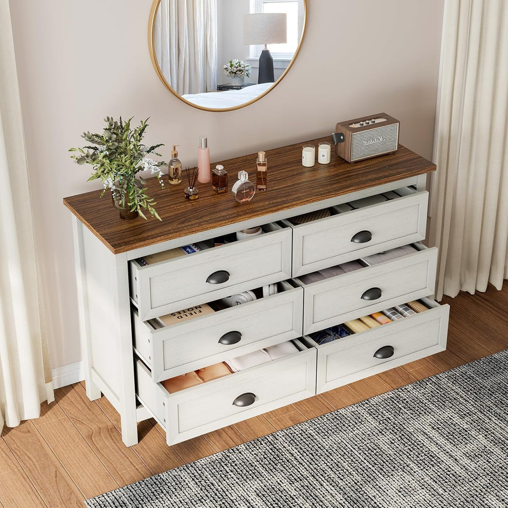 SINROM Farmhouse 2-Piece Bedroom Dresser Set, 6 Drawer Wide Dresser & 5 Drawer Tall Dressers, Distressed Wood Grain Finish with Shell Handles, Dressers Chest of Drawers for Bedroom