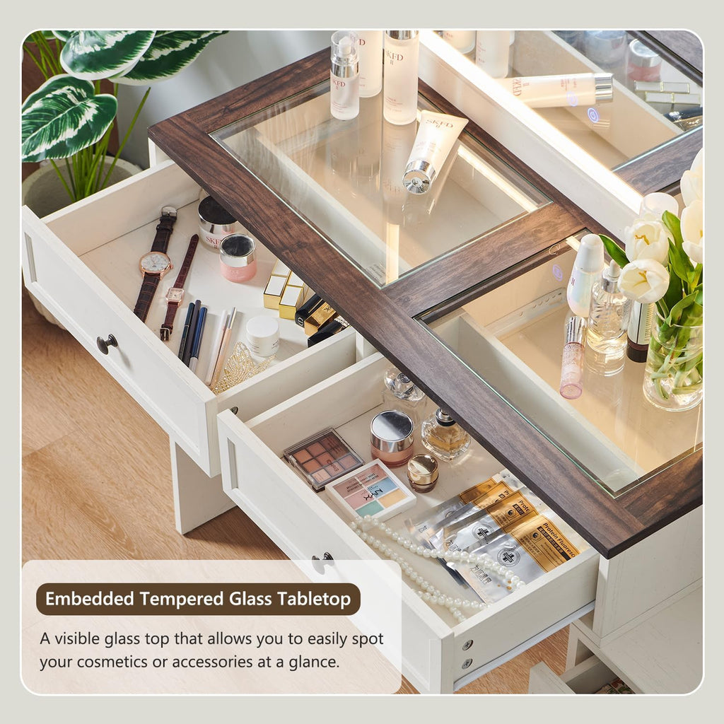 Aitjunz Farmhouse Vanity Desk with Touch Screen LED Mirror, 47' Big Make Up Table with 6 Drawers, Glass Top, Charging Station, Rustic Wood Dressing Table w/3 Color Available, Antique White