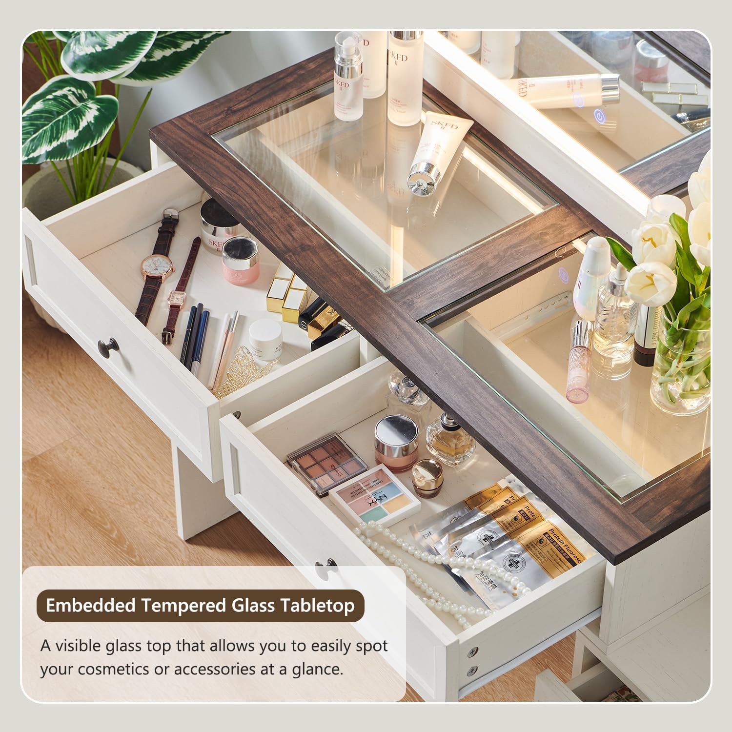 Aitjunz Farmhouse Vanity Desk with Touch Screen LED Mirror, 47' Big Make Up Table with 6 Drawers, Glass Top, Charging Station, Rustic Wood Dressing Table w/3 Color Available, Antique White