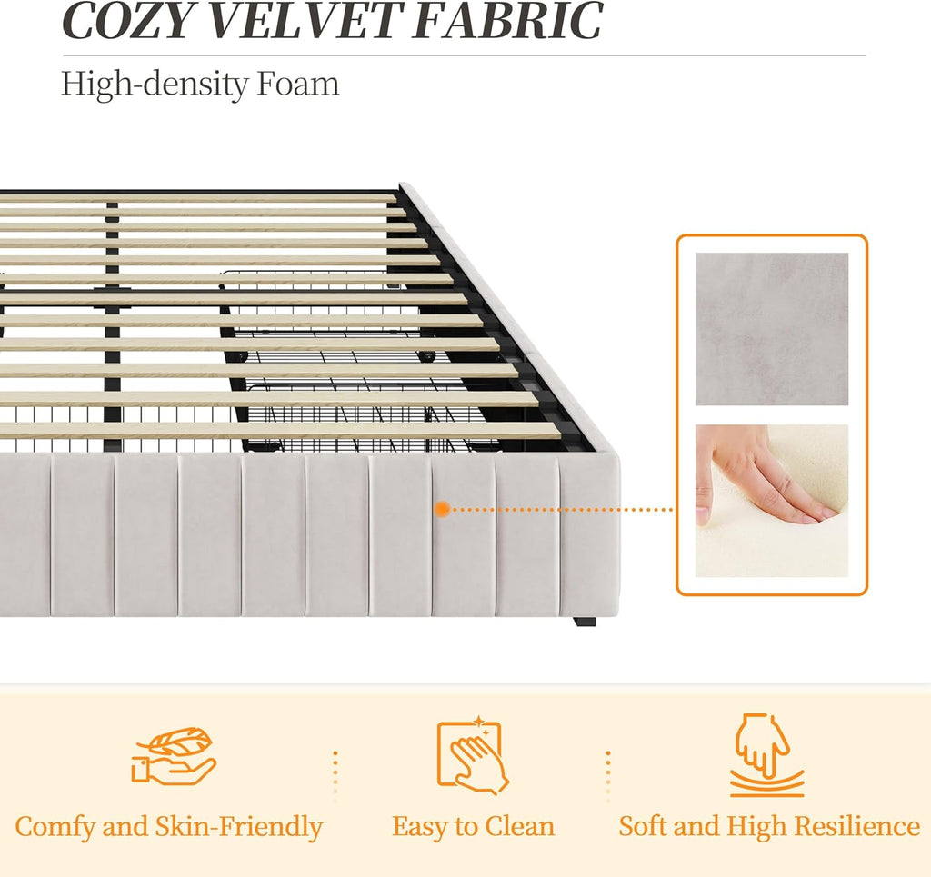 Yaheetech Full Bed Frame Upholstered Platform Bed with 3 Storage Drawers, Large Storage Space/Strong Wooden Slats/Non-Slip and Noise-Free/No Fixed Headboard/No Box Spring Needed/Beige Full Bed